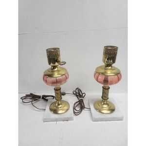 Vintage Pink Melon Glass Brass Marble Base Table Lamp Pair Hollywood Regency Set